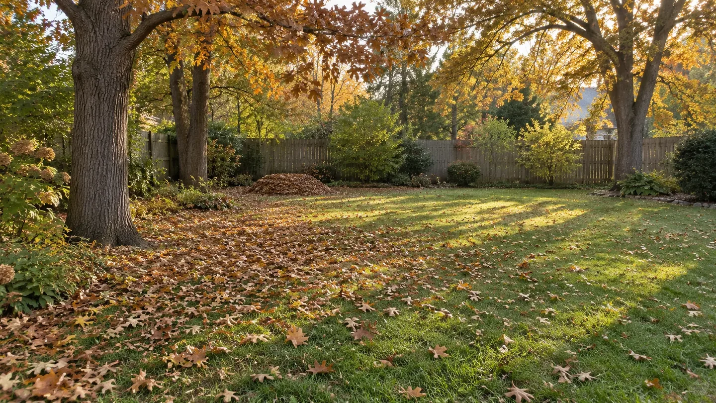 Fallen leaves beneath mature backyard trees with a small pile near the garden edge.