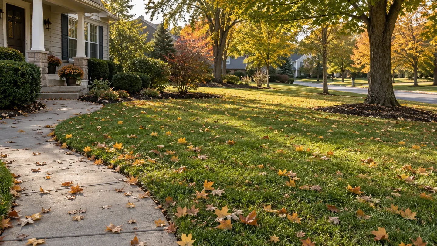 Scattered golden leaves on a green lawn beside a curved concrete walkway.