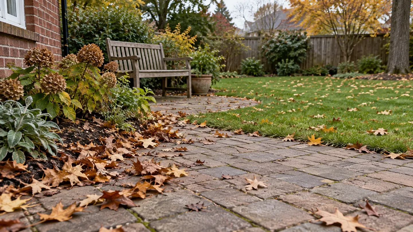 Dry autumn leaves along a brick patio beside a garden bench and lawn.