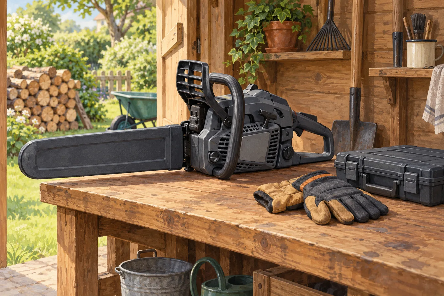 Illustration of a chainsaw, gloves, and tool case on a shed workbench.