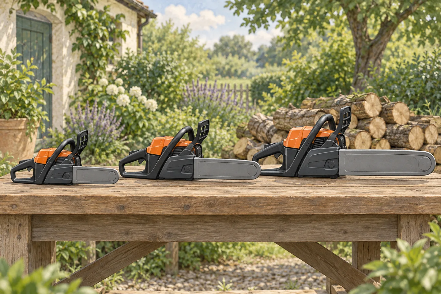 Illustration of three chainsaw sizes with covered guide bars on a workbench.