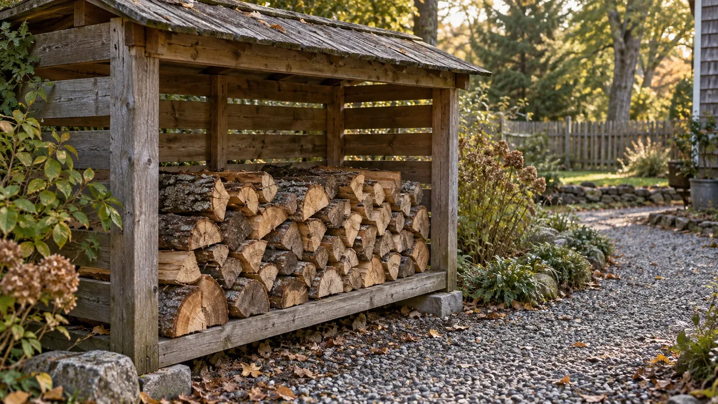 Split firewood stacked in a covered wooden rack beside a gravel garden path.