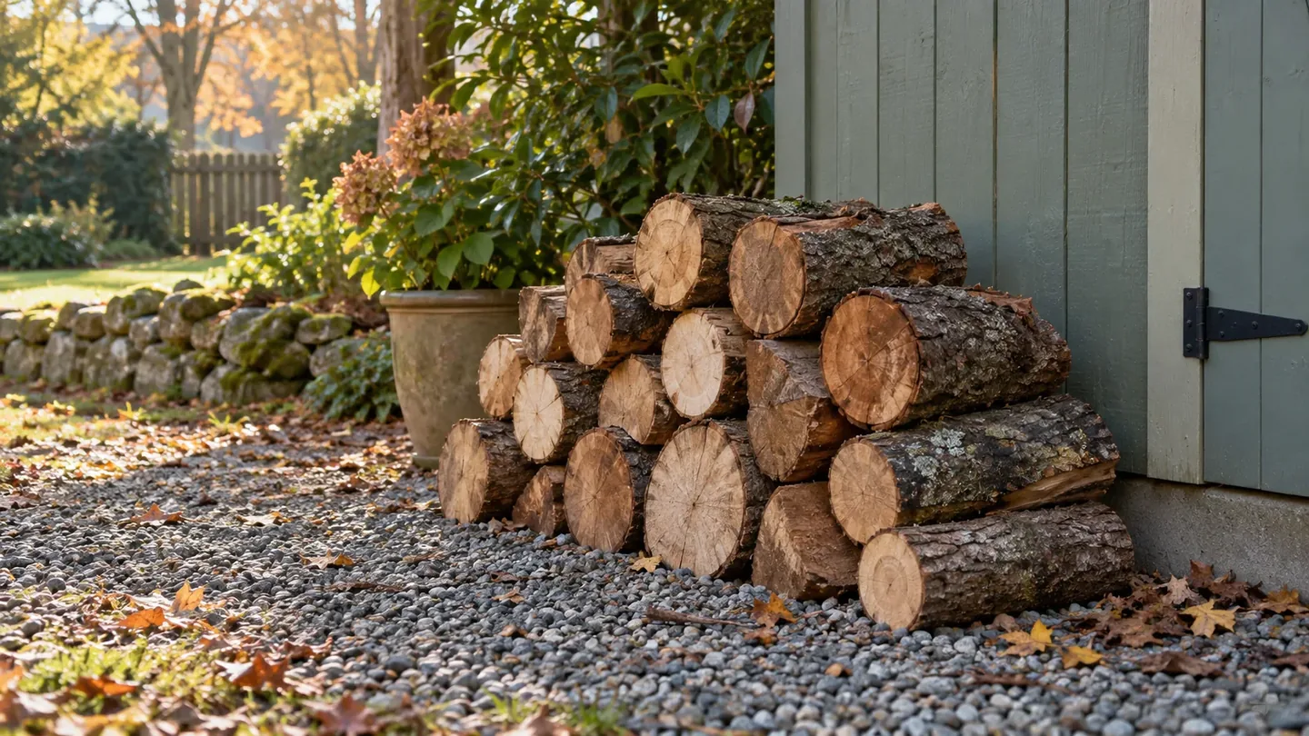 A low stack of firewood rounds on gravel beside a green garden shed.