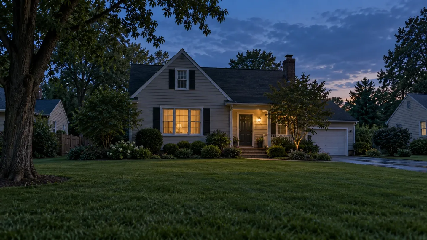 Suburban house with a warmly lit window at dusk.