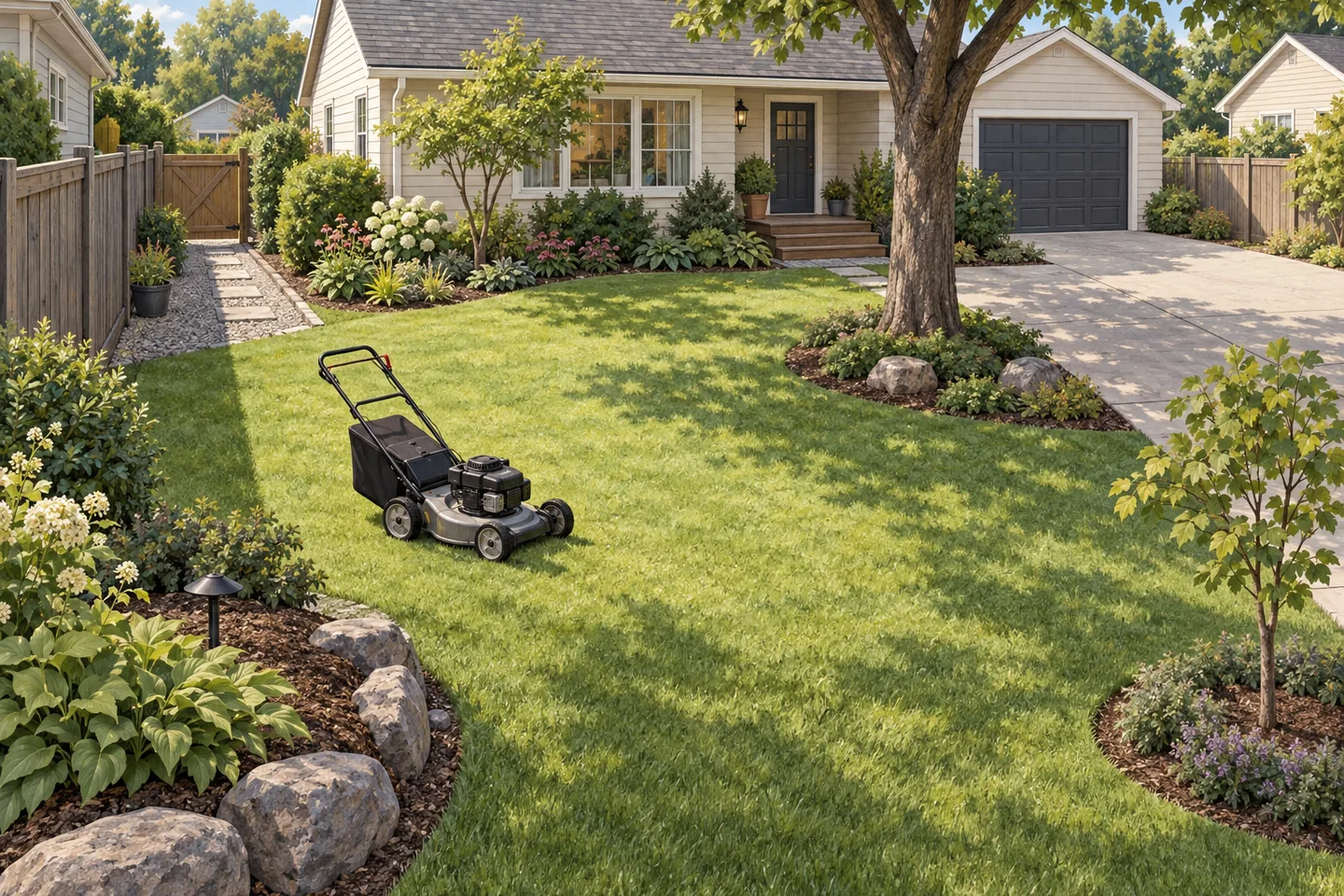 Illustration of a mower in a garden with a lawn, trees, driveway, and side gate.