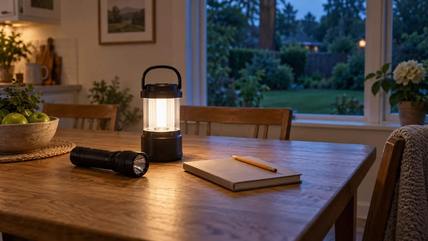 Battery lantern, flashlight, and notebook on a kitchen table at dusk.