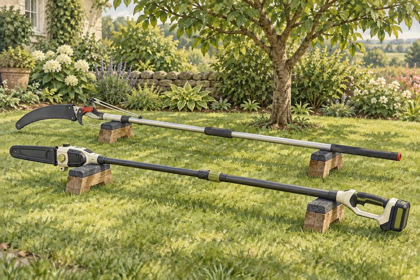 Illustration of manual and powered pole saws resting on low supports.
