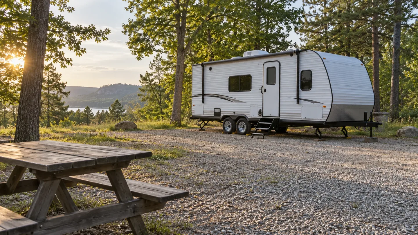 Travel trailer on a gravel campsite surrounded by trees.