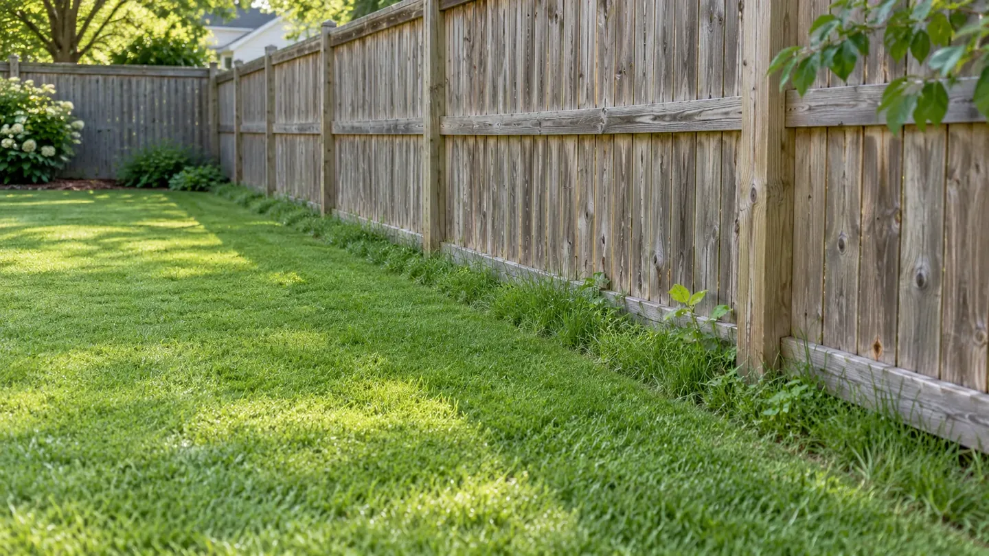 A narrow strip of longer grass along a wooden fence beside a mown lawn.