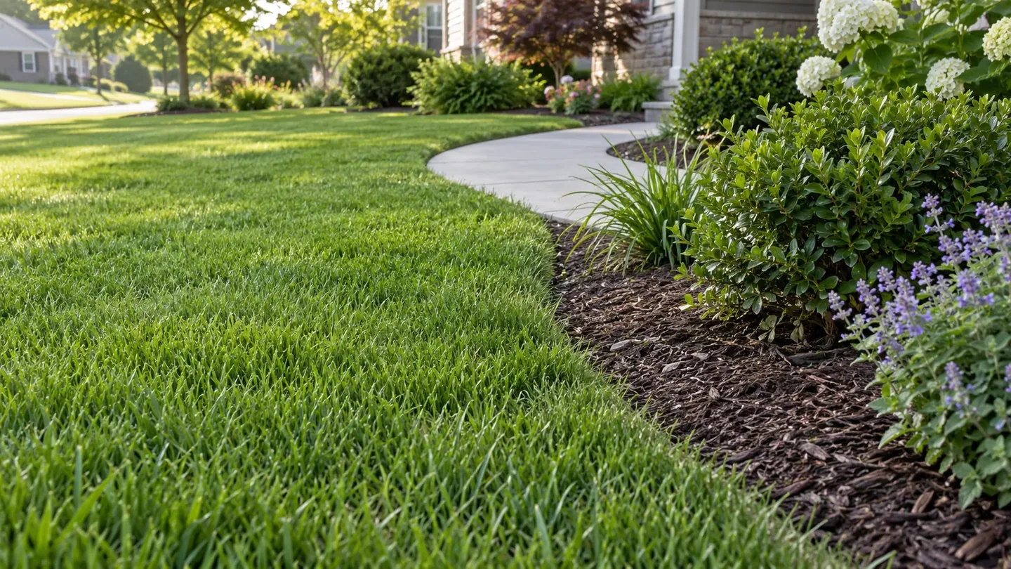 Green lawn meeting a mulched flower bed beside a curved concrete walkway.