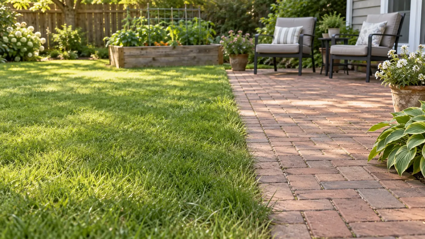 Grass beside a brick patio with two chairs and a raised vegetable bed.