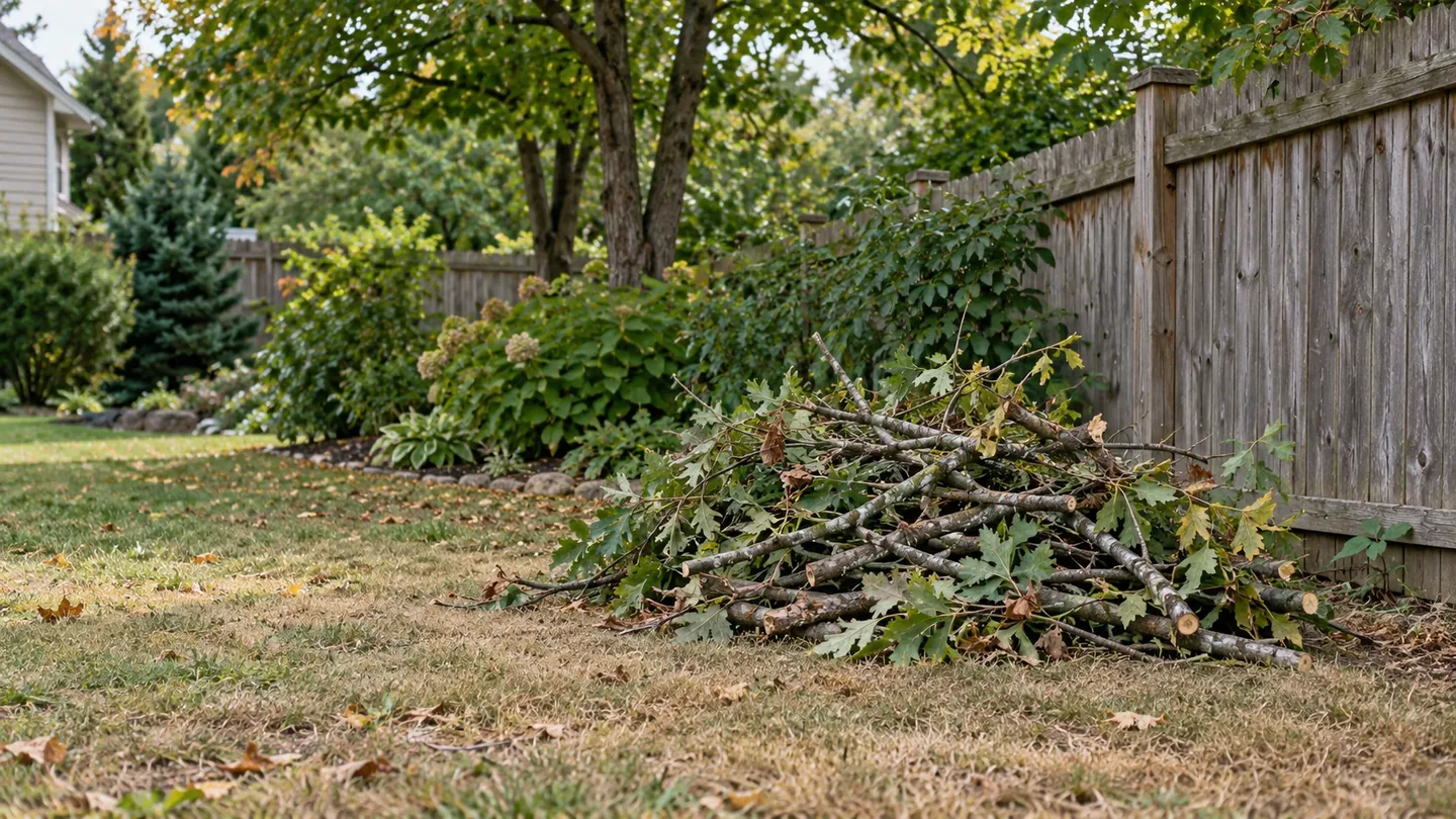 A low pile of trimmed branches on grass beside a weathered backyard fence.